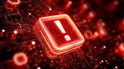 Glowing red digital warning icon on circuit board background