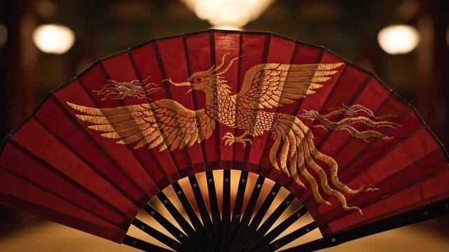 Close up of a red fan with a golden phoenix design.
