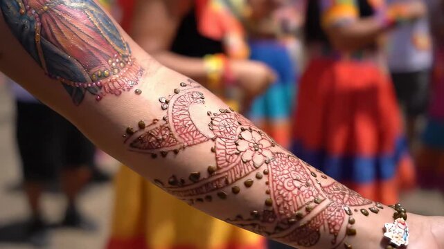 Close up of a tattooed arm with religious imagery and henna designs.