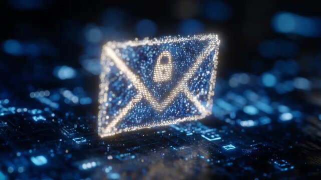 A digital mail icon with holographic effects and a padlock emblem, set against a backdrop of glowing blue lines and cryptographic symbols.