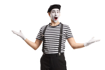 Mime gesturing welcome