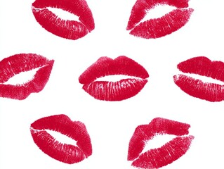 Pattern of red lipstick kiss marks on white background
