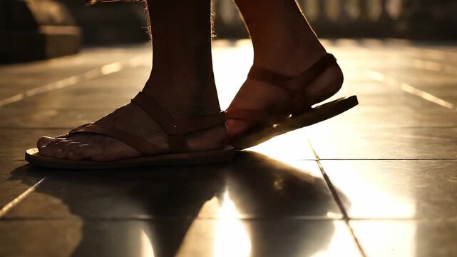Close up of feet wearing sandals on a tiled floor with sunlight.