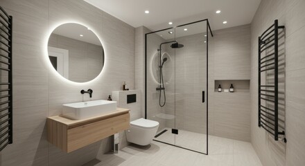 A minimalist bathroom with a shower, toilet, and sink.