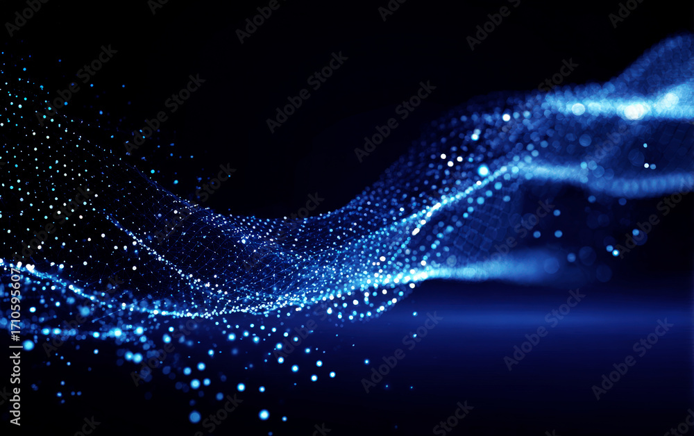 Poster dynamic blue particles forming a wavy pattern in cyberspace