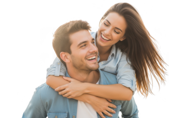 Happy couple piggyback ride laughing together isolated on transparent background