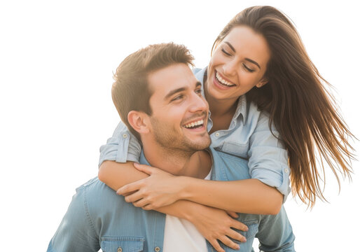 Happy couple piggyback ride laughing together isolated on transparent background