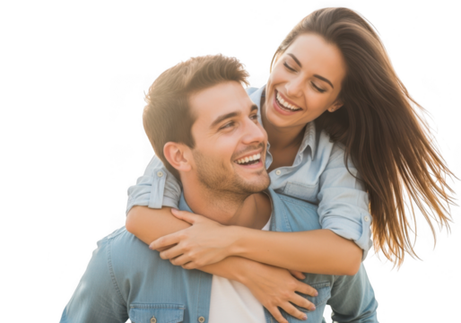 Happy couple piggyback ride laughing together isolated on transparent background