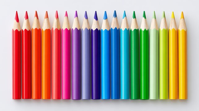 Vibrant row of assorted colored pencils on white background