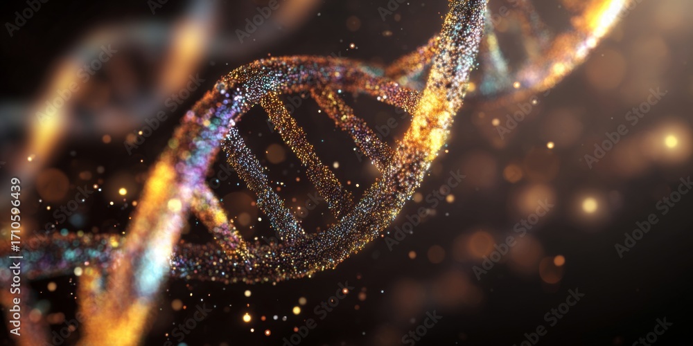 Poster colorful dna helix on abstract starry background with glowing particles and bokeh effect enhancing g