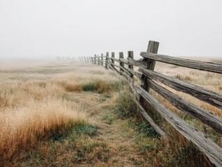 Weathered wooden fence in misty field landscape with distant fog on hazy day