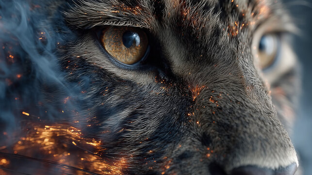 Epic background , close up a shap cat eyes with fire effect around the eye.