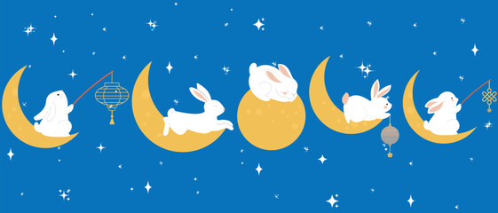 Happy rabbit set. “Happy mid-autumn festival” in Chinese language. Cute bunny fairy and full moon. Mid autumn festival card vector element. ©  create dream 