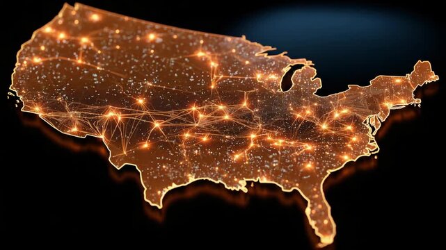 Vibrant digital map of the U.S. featuring neon orange state outlines and glowing dots for cities and transport connections.