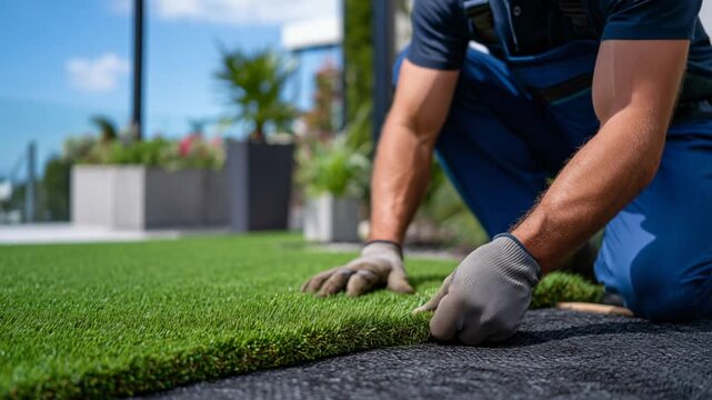 A close-up of a man's hands meticulously installing lifelike, dense artificial grass, showcasing precision and care.
