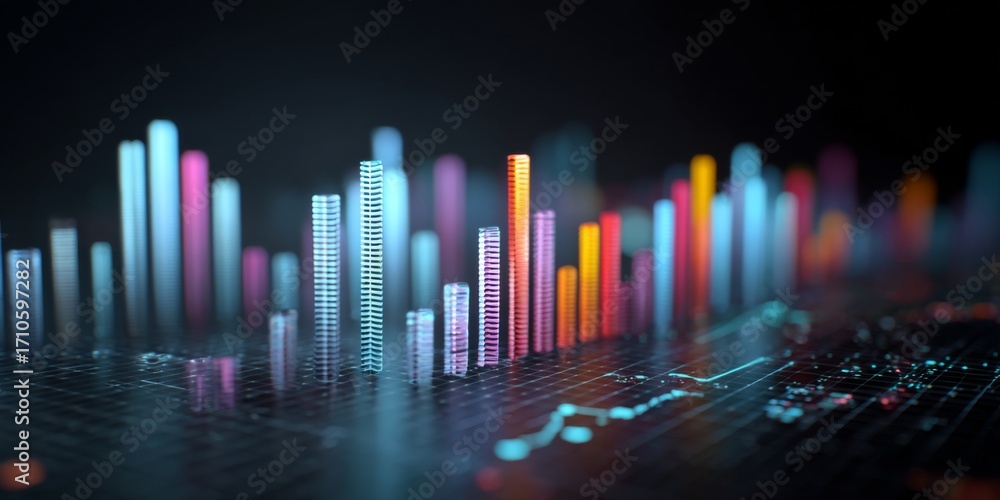 Poster vibrant abstract data visualization with colorful bar charts and trend graphs in a digital environme