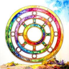 Colorful wheel design on a landscape background