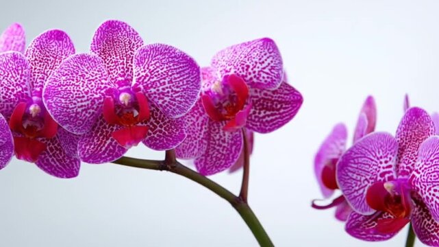 Close-up of a cluster of vibrant pink orchids with intricate patterns against a light background.