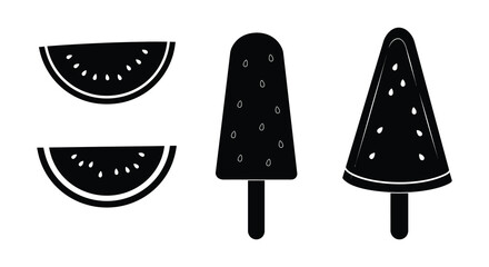 Black and white illustration of various watermelon shaped frozen treats