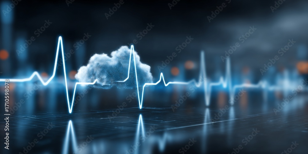 Aufkleber Futuristic Health Technology Concept with Cloud Computing and Heartbeat Display on Digital Background