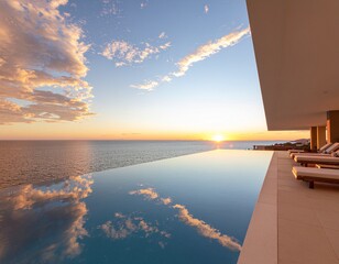 Modern infinity pool overlooking ocean horizon at sunset