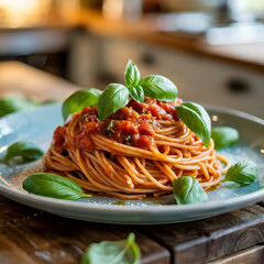Spaghetti pasta with tomato sauce and basil