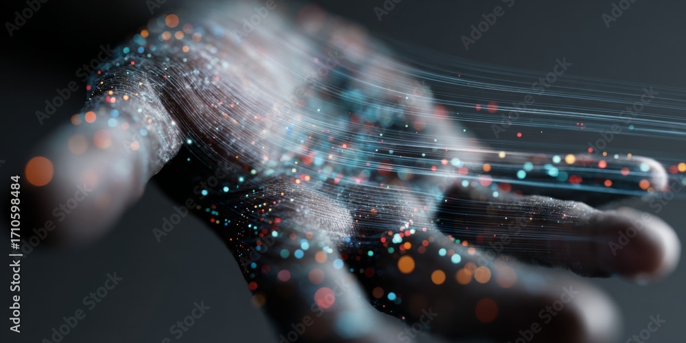 Leinwandbilder hand reaching towards digital interface with dynamic lines and colorful dots representing generative