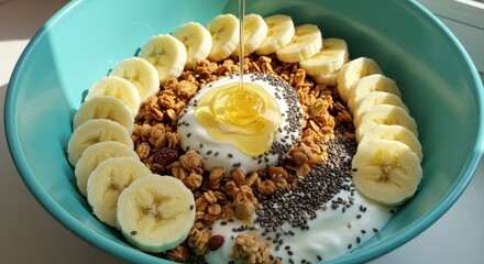 A turquoise bowl filled with yogurt granola banana slices and honey