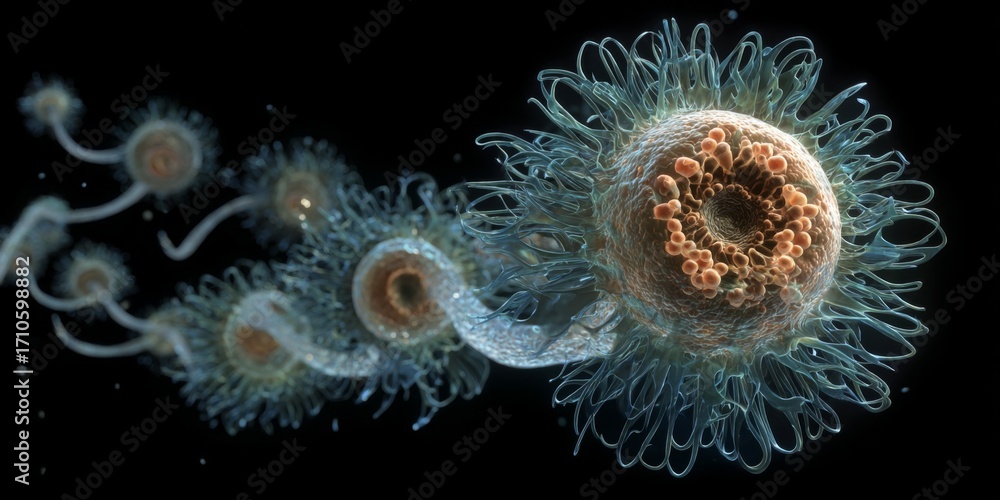 Poster close-up view of a microbial cell with tentacle-like structures and intricate surface details