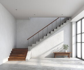 A modern, minimalist interior showcasing a concrete staircase with a wooden tread leading to a large windowed area.