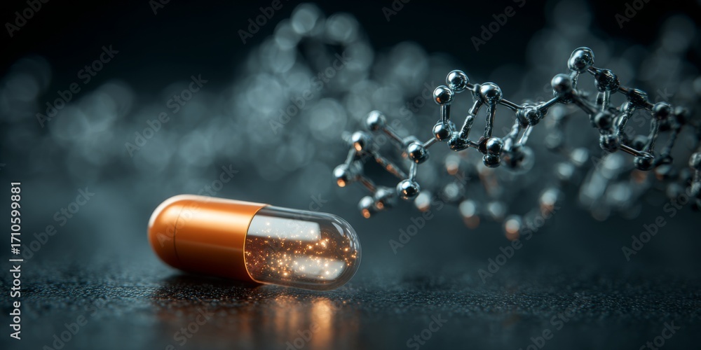 Poster illuminated capsule with dna helix and molecular structures representing genetic science and biotech