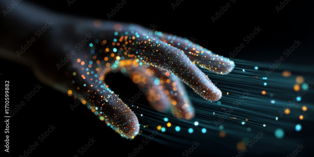 Poster hand reaching towards digital interface with dynamic lines and colorful dots representing generative
