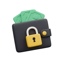 3D Secure Digital Wallet with a Padlock and Money. Financial Security, E-commerce, and Business Concept.
