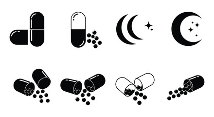 Black capsule pills crescent moons and scattered contents illustrations