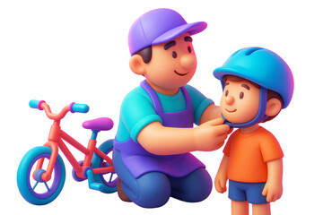 Cartoon father helping child put on helmet near bicycle, cute 3D style on white background, concept of parenting, safety and bonding. Ai generative