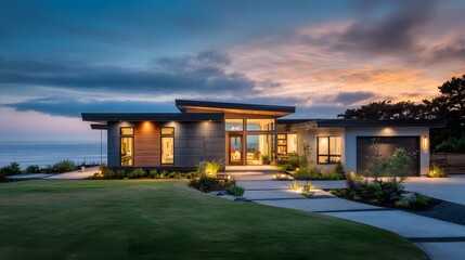 Fototapeta premium Modern luxury home with ocean view at sunset