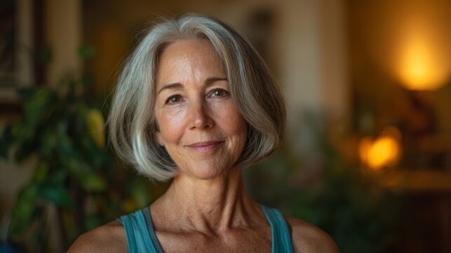 Mature caucasian female with gray hair smiling indoors in casual setting