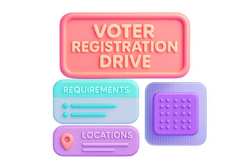Colorful infographic elements with text for voter registration drive in pastel 3D style on white background, isolated design concept. Ai generative