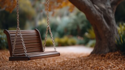 Autumn wooden swing hanging from tree in leaf-covered park