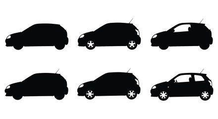 Silhouette depictions of various compact hatchback car models displayed in profile