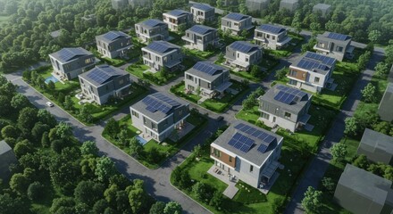 Aerial view of modern houses with solar panels in a green neighborhood