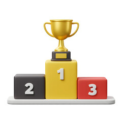 3D Winner Podium with Gold Trophy for First Place. Success, Award, and Achievement Concept.
