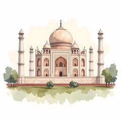 水彩画風のタージマハル 白い背景にインドの建造物