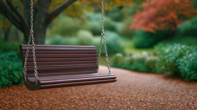 Empty wooden swing in tranquil autumn park with colorful foliage