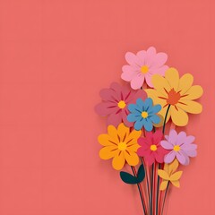 Naklejka premium A colorful bouquet of handmade paper flowers on a vibrant coral background