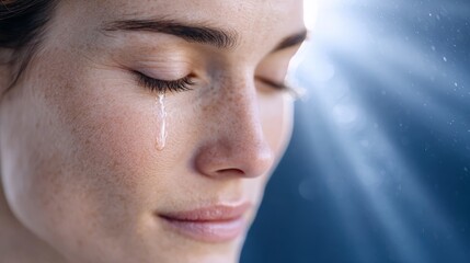 Close-up of young caucasian female with tear on cheek in sunlight