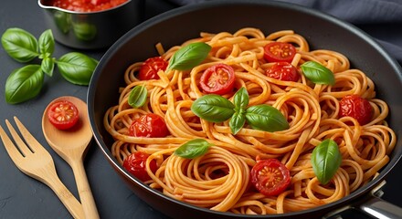Delicious Tomato Pasta Dish with Basil.