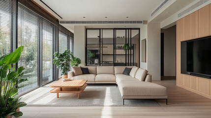 Fototapeta premium An elegant and spacious modern living room, bathed in natural light, inviting relaxation. The room features sophisticated design elements, including a comfortable beige sectional sofa.