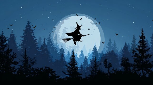 Silhouette of witch flying over forest against full moon and night sky