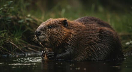 The North American Beaver in Its Natural Habitat: A Peaceful Moment Near the Water's Edge with Beautiful Lighting.